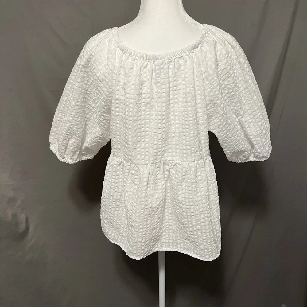 Old Navy Womens White Peasant Babydoll Top Sz M Puff Slv Cottagecore Clean Girl‎